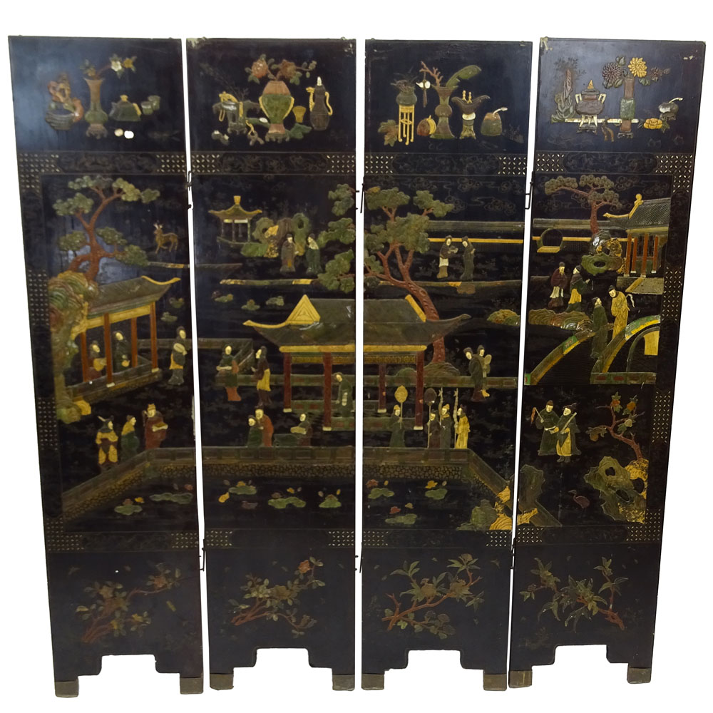 Antique Chinese Four (4) Panel Lacquer Screen with Inset Hardstone, Ivory and Mother of Pearl.