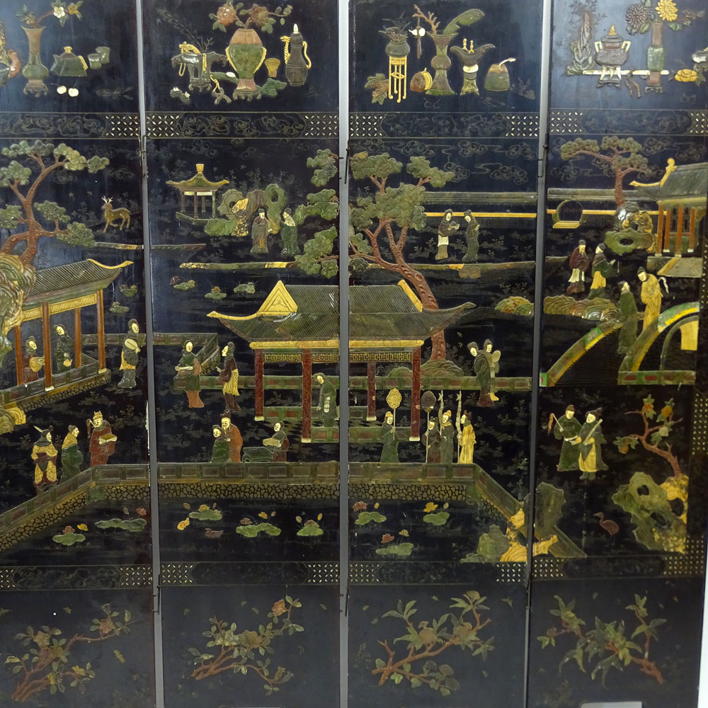 Antique Chinese Four (4) Panel Lacquer Screen with Inset Hardstone, Ivory and Mother of Pearl.