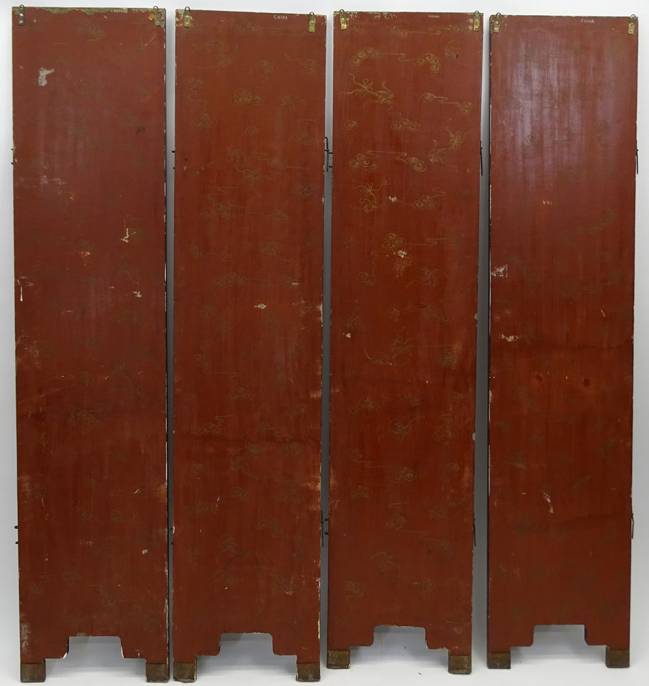 Antique Chinese Four (4) Panel Lacquer Screen with Inset Hardstone, Ivory and Mother of Pearl.