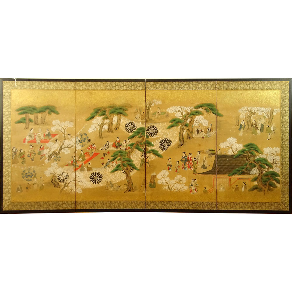 Japanese Meiji Period (1868-1912) Four (4) Panel Folding Screen, Garden Scene with figures. Ink, color and gilt on paper with brocade border, wood frame.