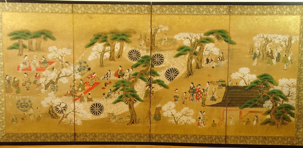 Japanese Meiji Period (1868-1912) Four (4) Panel Folding Screen, Garden Scene with figures. Ink, color and gilt on paper with brocade border, wood frame.