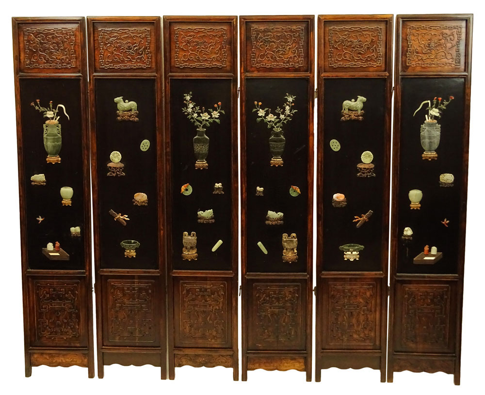 Chinese Qing Dynasty, 19th Century Jade and Hardstone-Inlaid Carved and Lacquer Hardwood Six Panel Screen. 