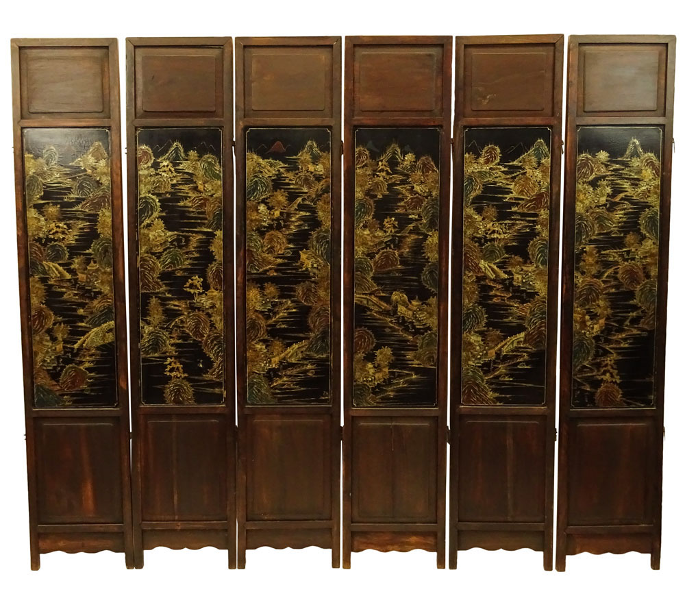 Chinese Qing Dynasty, 19th Century Jade and Hardstone-Inlaid Carved and Lacquer Hardwood Six Panel Screen. 