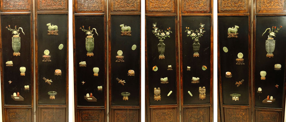 Chinese Qing Dynasty, 19th Century Jade and Hardstone-Inlaid Carved and Lacquer Hardwood Six Panel Screen. 