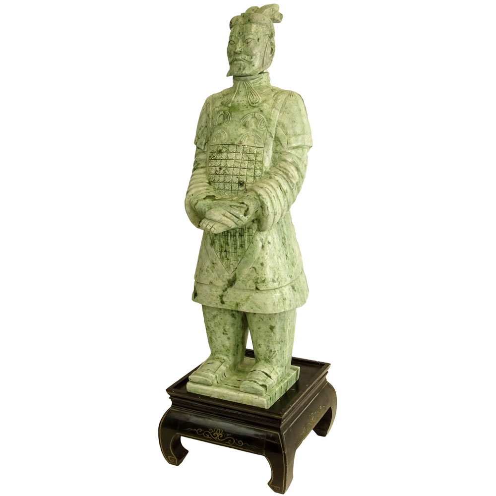 Large and Heavy Chinese Carved Jadeite Figure of A Man on Inlaid Wood Stand.