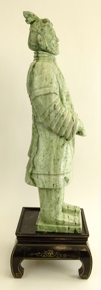 Large and Heavy Chinese Carved Jadeite Figure of A Man on Inlaid Wood Stand.