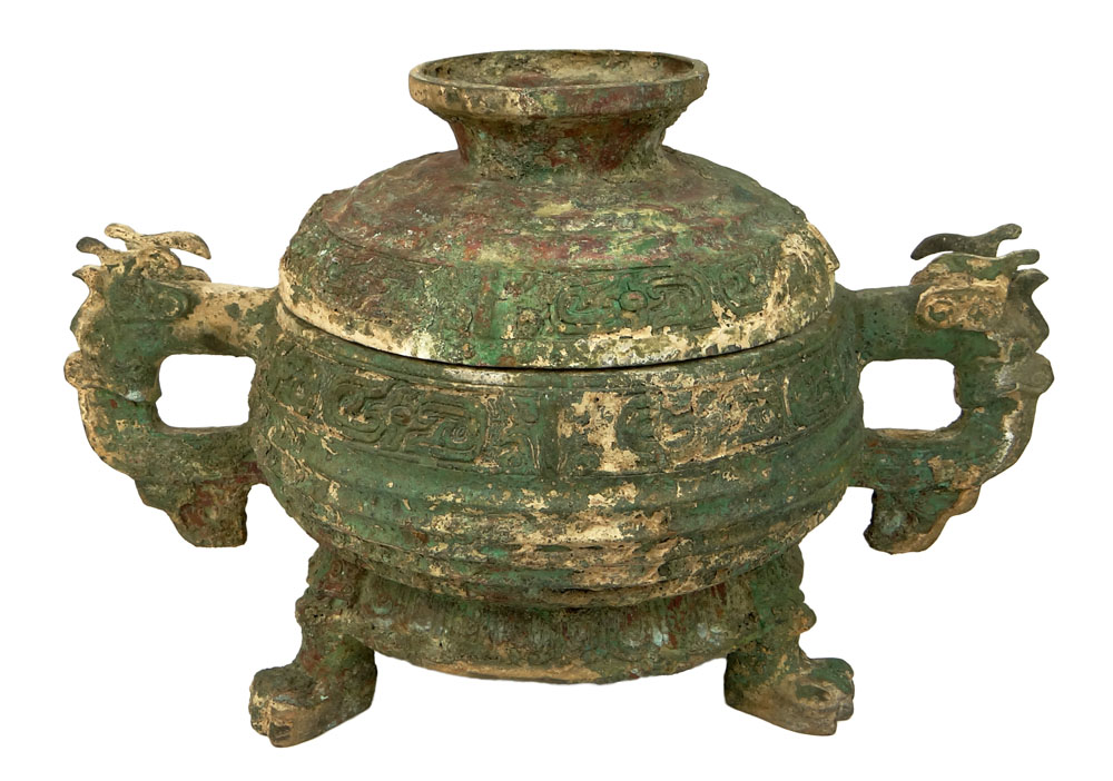 Important and Rare Chinese Western Zhou Dynasty (11th Century BC) Bronze Gui Burial Vessel with Dragon Loop Handles.