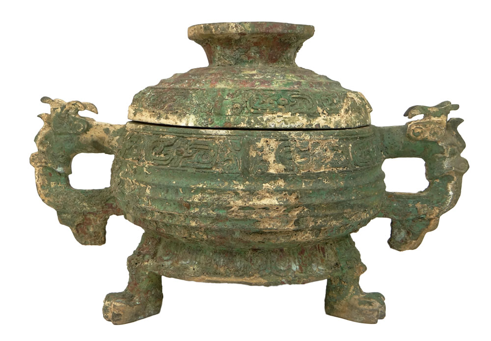 Important and Rare Chinese Western Zhou Dynasty (11th Century BC) Bronze Gui Burial Vessel with Dragon Loop Handles.