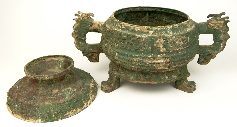 Important and Rare Chinese Western Zhou Dynasty (11th Century BC) Bronze Gui Burial Vessel with Dragon Loop Handles.