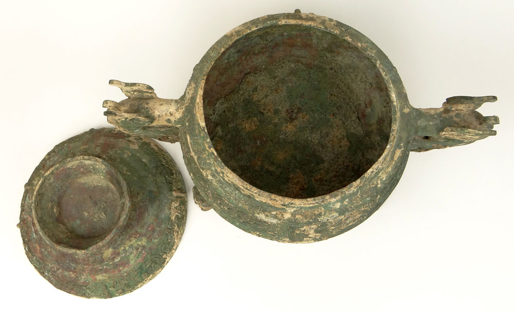 Important and Rare Chinese Western Zhou Dynasty (11th Century BC) Bronze Gui Burial Vessel with Dragon Loop Handles.