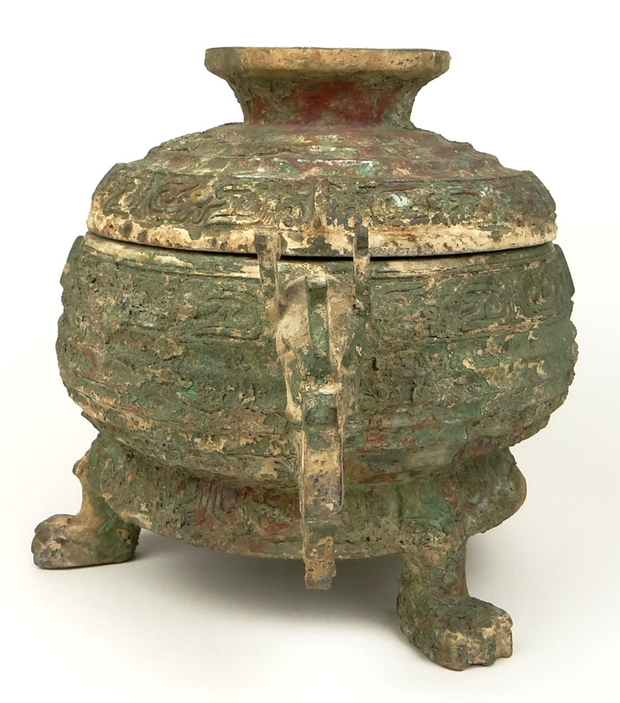 Important and Rare Chinese Western Zhou Dynasty (11th Century BC) Bronze Gui Burial Vessel with Dragon Loop Handles.