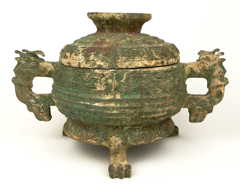 Important and Rare Chinese Western Zhou Dynasty (11th Century BC) Bronze Gui Burial Vessel with Dragon Loop Handles.