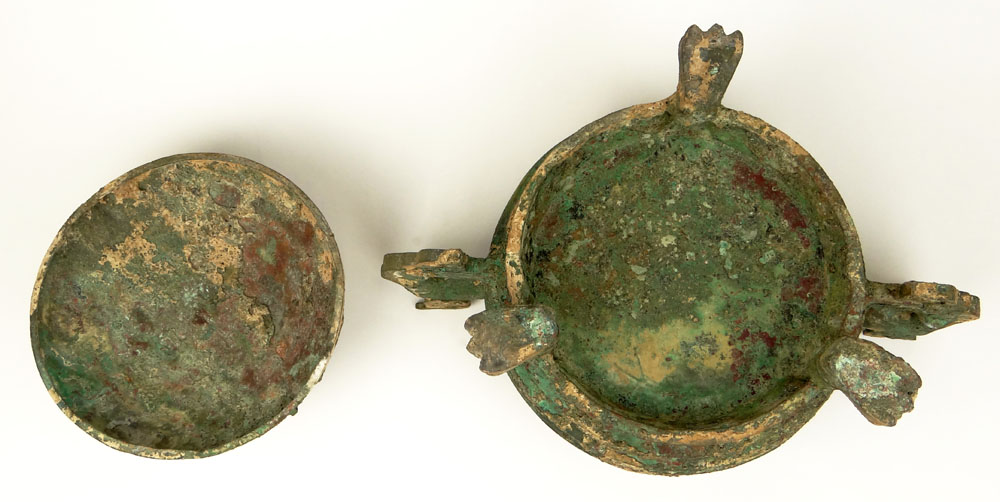 Important and Rare Chinese Western Zhou Dynasty (11th Century BC) Bronze Gui Burial Vessel with Dragon Loop Handles.