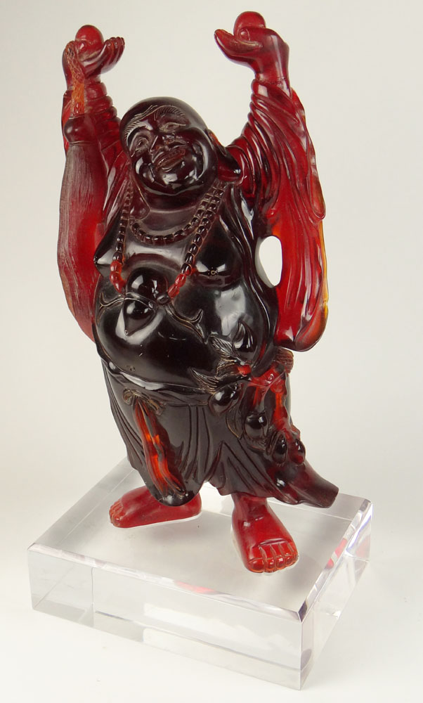 Very Large Vintage Chinese Cherry Amber Style Buddha on Lucite Base.