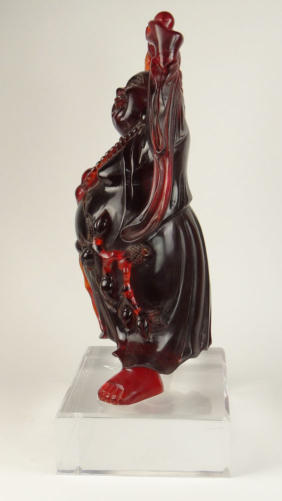 Very Large Vintage Chinese Cherry Amber Style Buddha on Lucite Base.