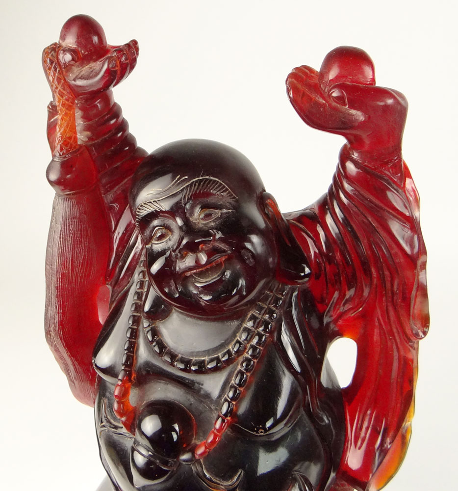 Very Large Vintage Chinese Cherry Amber Style Buddha on Lucite Base.