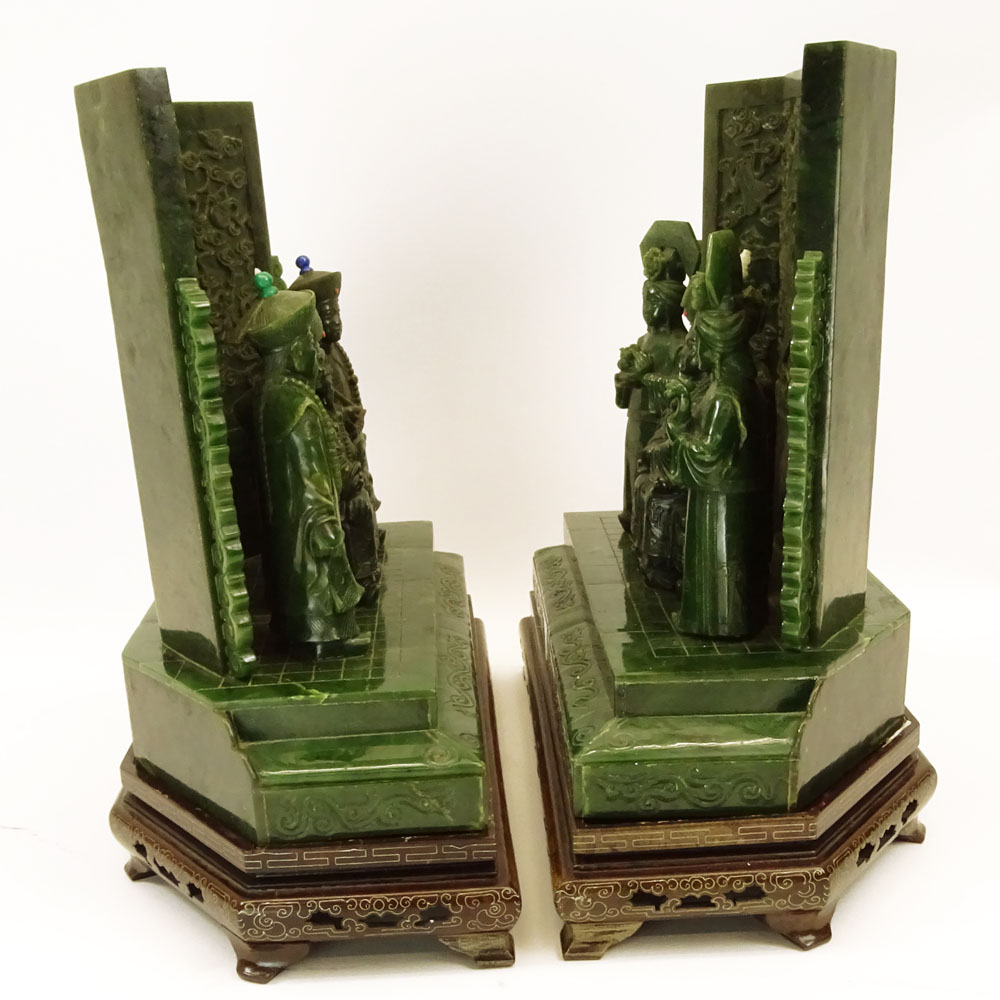 Important Pair of Chinese Heavily Carved Spinach Jade Emperor and Empress Table Screen Thrones Inlaid with Semi Precious Stones Mounted Upon Stepped Pedestal Bases.