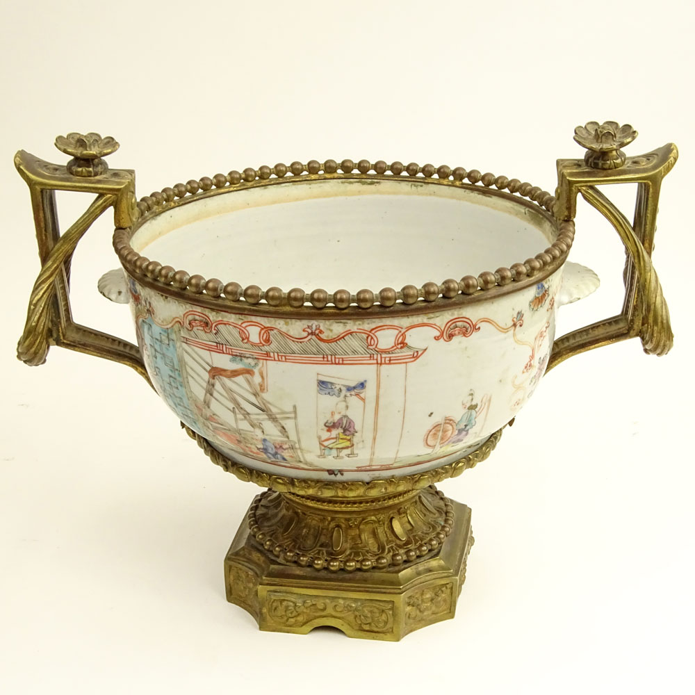 Ormolu Mounted 18th Century or Earlier Chinese Famille Rose Porcelain Handled Bowl.