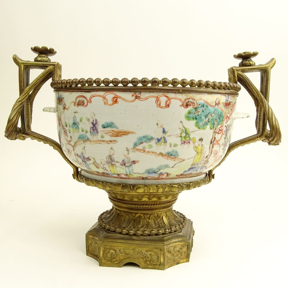 Ormolu Mounted 18th Century or Earlier Chinese Famille Rose Porcelain Handled Bowl.