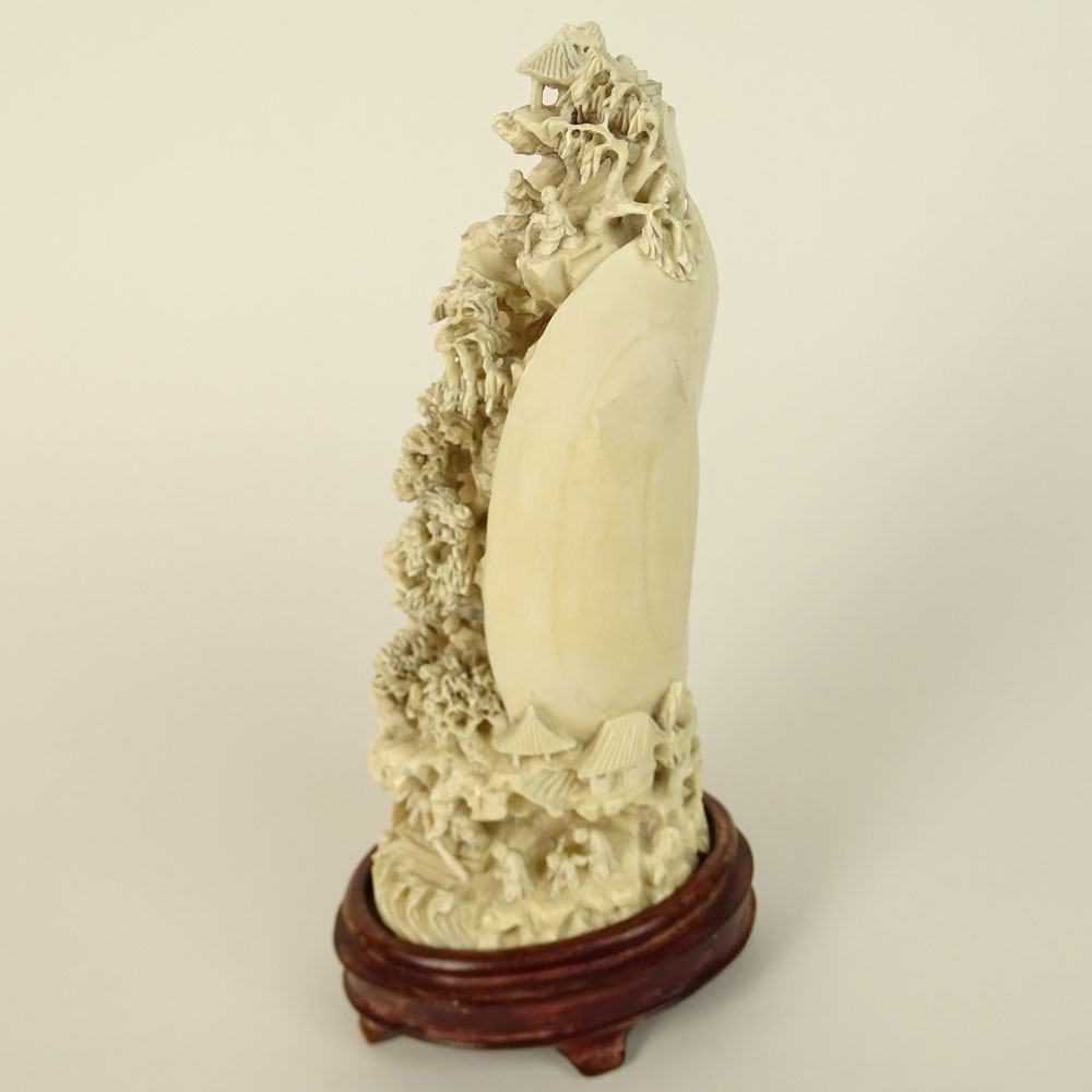 Chinese Carved Ivory on wood base, Clam Shell with Mountain Village. 