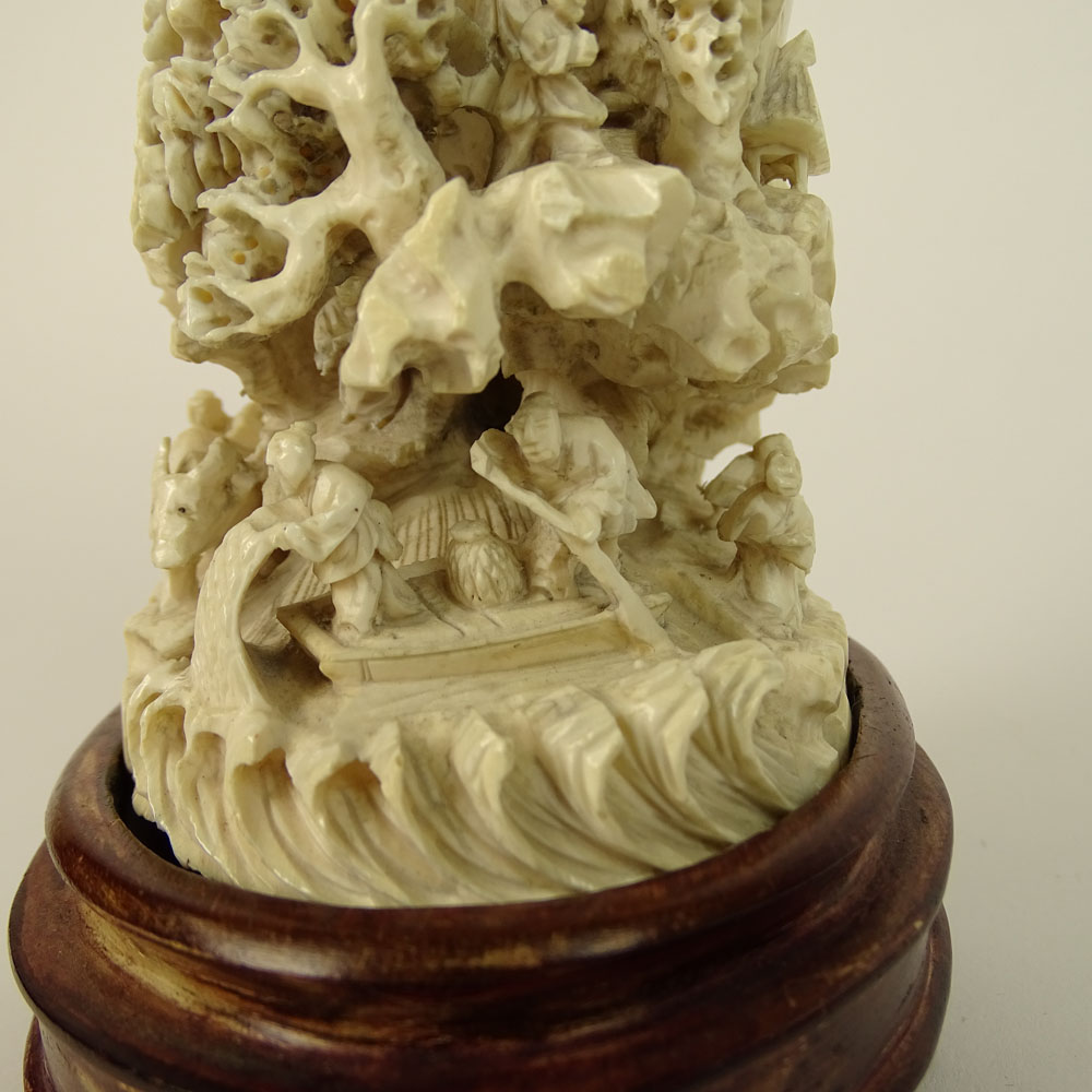 Chinese Carved Ivory on wood base, Clam Shell with Mountain Village. 