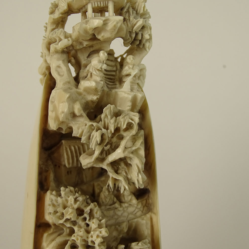 Chinese Carved Ivory on wood base, Clam Shell with Mountain Village. 