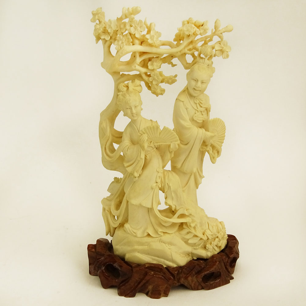 Mid 20th Century Chinese Carved Ivory Group, Maidens Under Tree. 