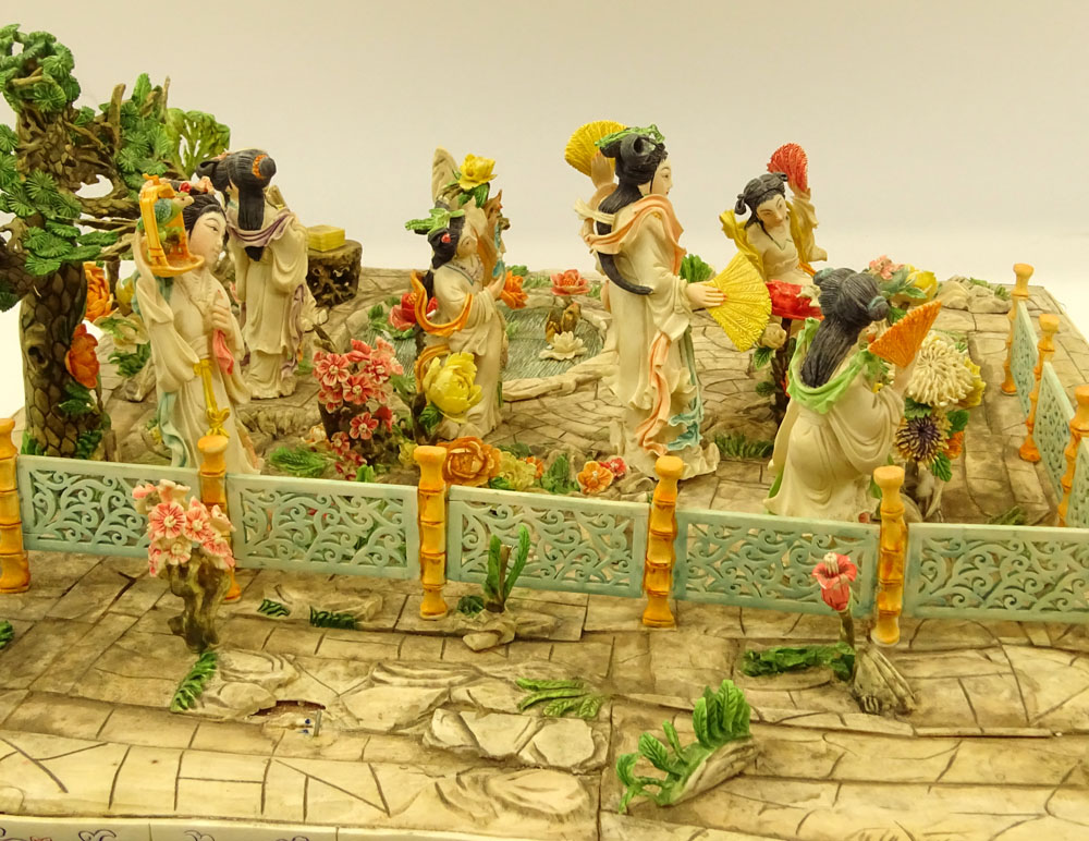 Large Mid 20th Century Chinese Carved and Polychrome Bone Group on Wood Base, Garden Scene with Figures, Flowers, Pond and Tree. 