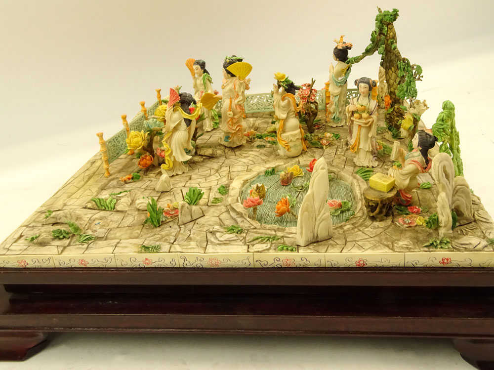 Large Mid 20th Century Chinese Carved and Polychrome Bone Group on Wood Base, Garden Scene with Figures, Flowers, Pond and Tree. 