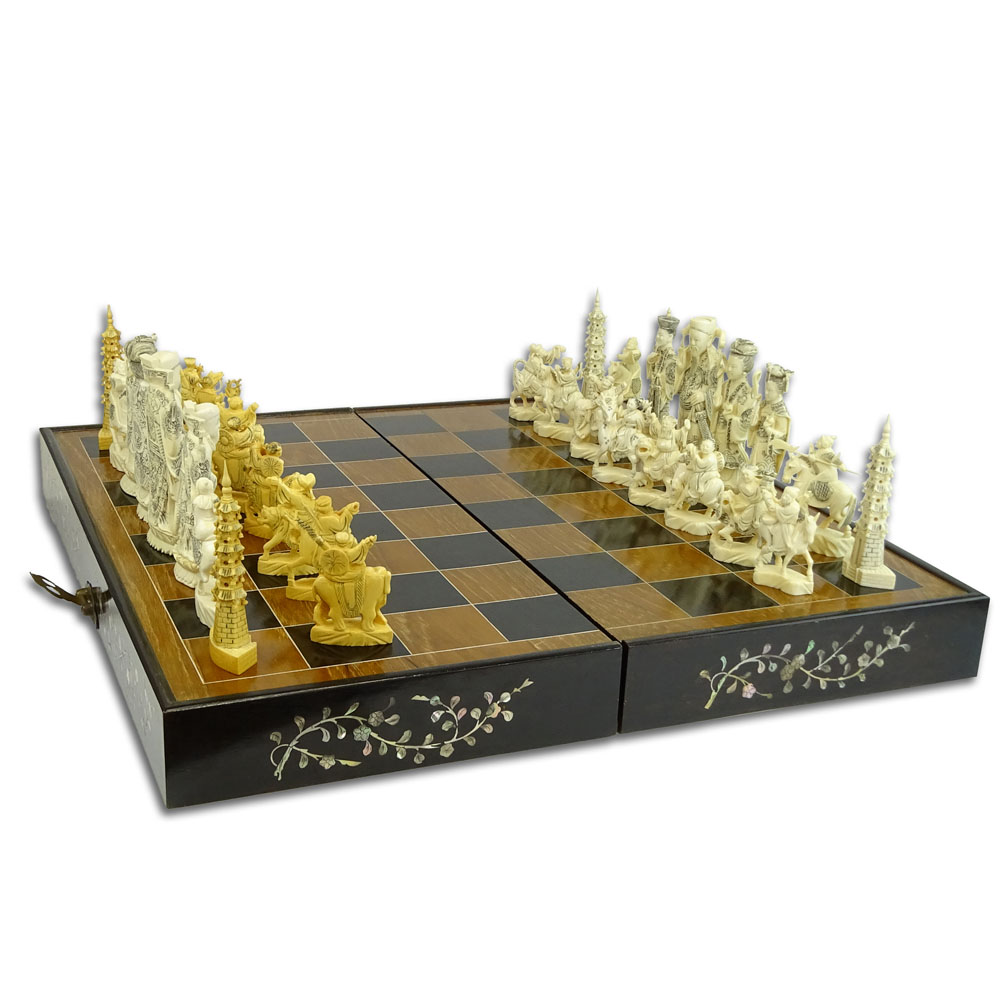 Mid 20th Century Chinese Ivory Chess Set in Mother of Pearl Inlaid Fitted Case/Chessboard.