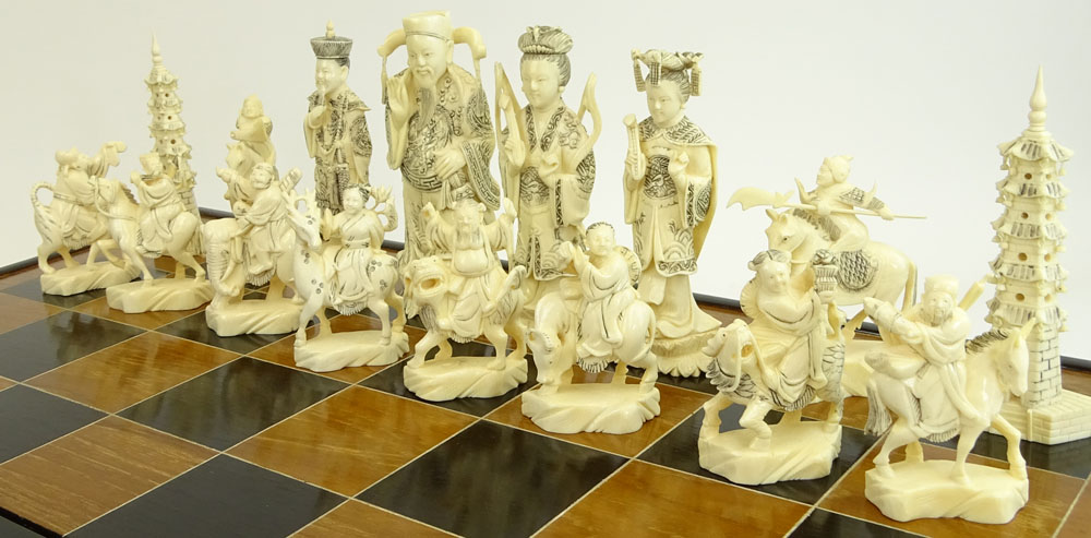 Mid 20th Century Chinese Ivory Chess Set in Mother of Pearl Inlaid Fitted Case/Chessboard.