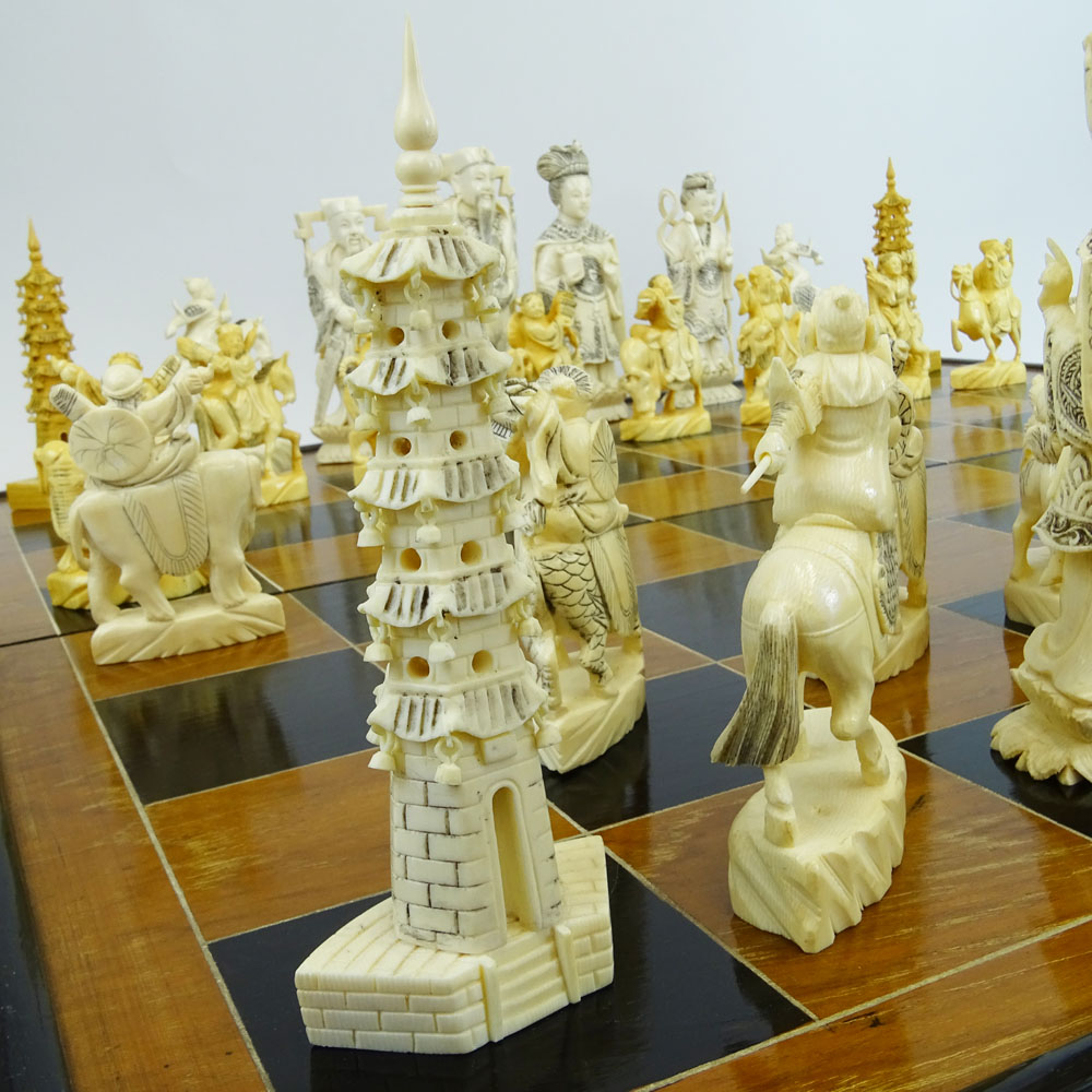 Mid 20th Century Chinese Ivory Chess Set in Mother of Pearl Inlaid Fitted Case/Chessboard.