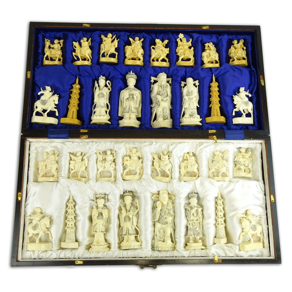 Mid 20th Century Chinese Ivory Chess Set in Mother of Pearl Inlaid Fitted Case/Chessboard.