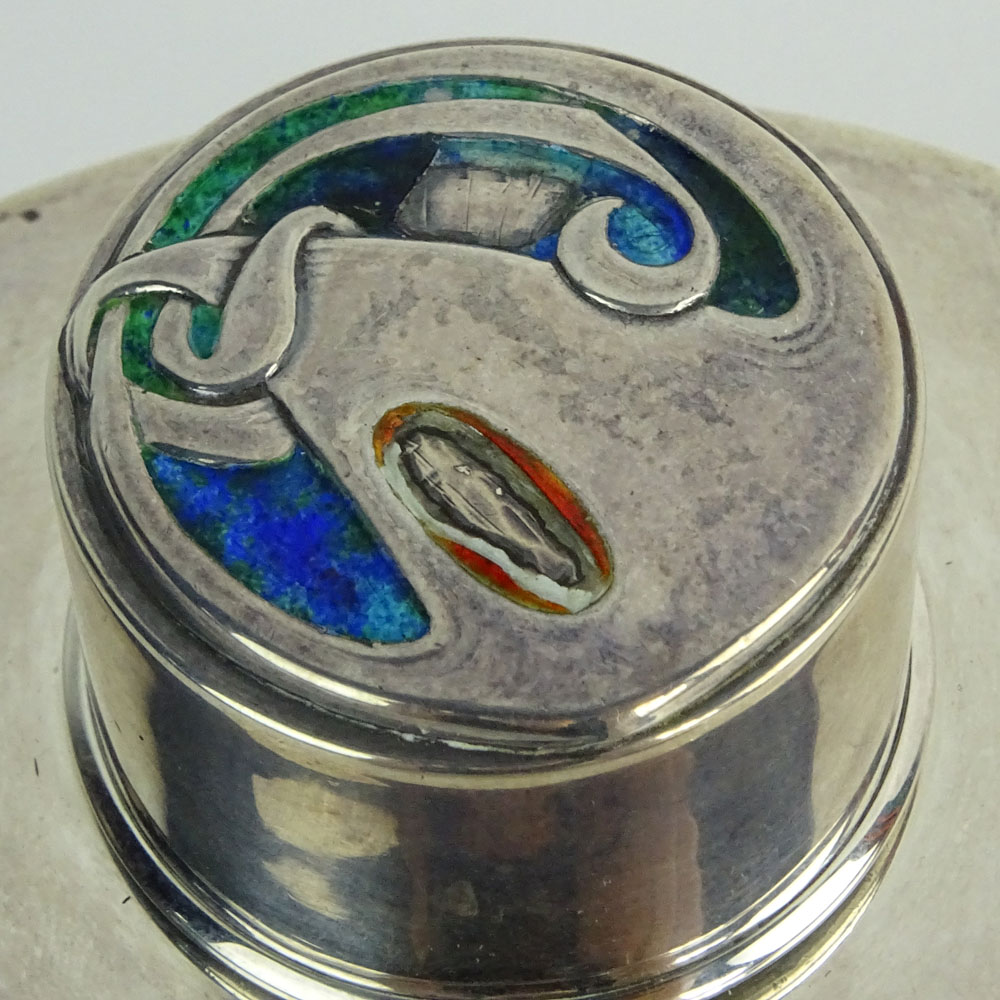 Liberty & Co. Art Nouveau Period Enameled Silver Tea Caddy, Possibly Archibald Knox.