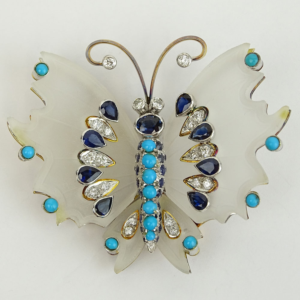 Vintage Approx. 3.0+ Carat Sapphire, 1.25 Carat Diamond, Turquoise, Carved Rock Crystal and 14 Karat yellow Gold Butterfly Brooch. 