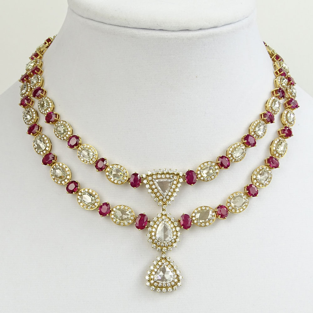Lady's Fine Quality 21.23 Carat Rose Cut Diamond, 31.95 Carat Burmese Ruby, 6.12 Carat Round Brilliant Cut Diamond and 18 Karat Yellow Gold Necklace. 