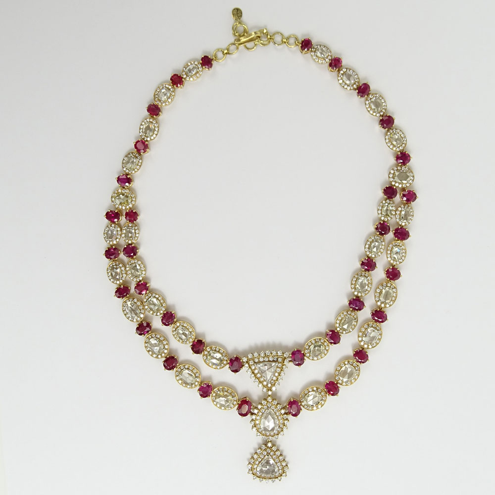Lady's Fine Quality 21.23 Carat Rose Cut Diamond, 31.95 Carat Burmese Ruby, 6.12 Carat Round Brilliant Cut Diamond and 18 Karat Yellow Gold Necklace. 