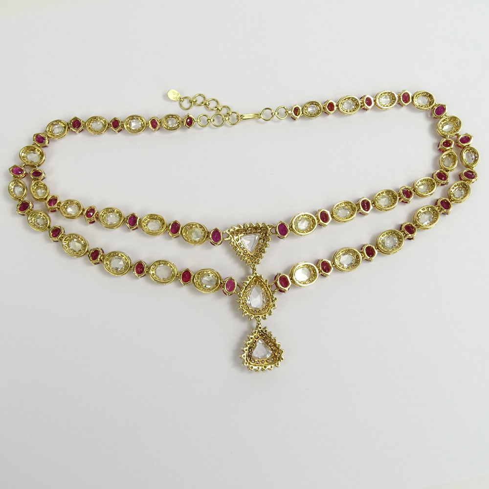 Lady's Fine Quality 21.23 Carat Rose Cut Diamond, 31.95 Carat Burmese Ruby, 6.12 Carat Round Brilliant Cut Diamond and 18 Karat Yellow Gold Necklace. 