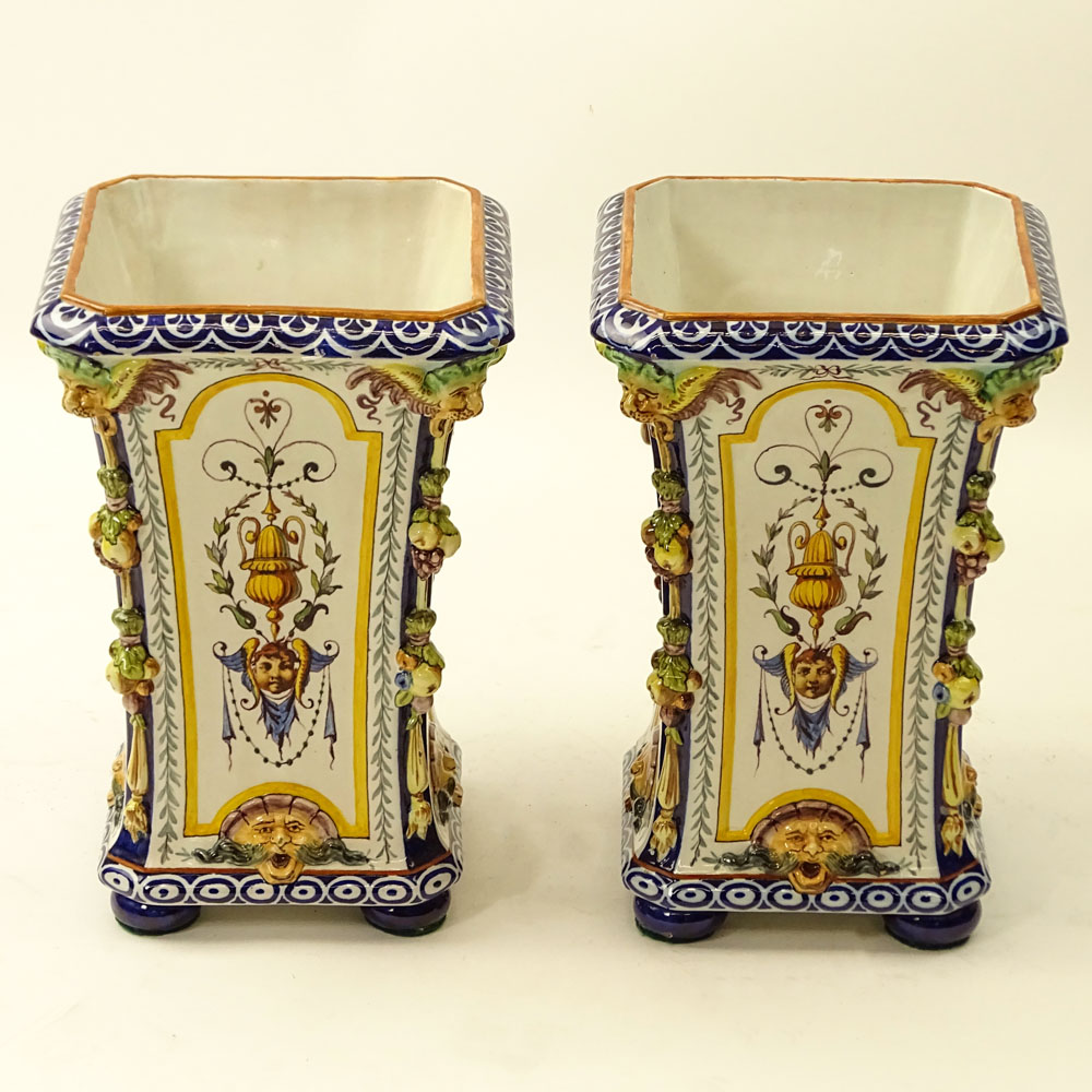 Pair Vintage Ginori Majolica Square Urns.