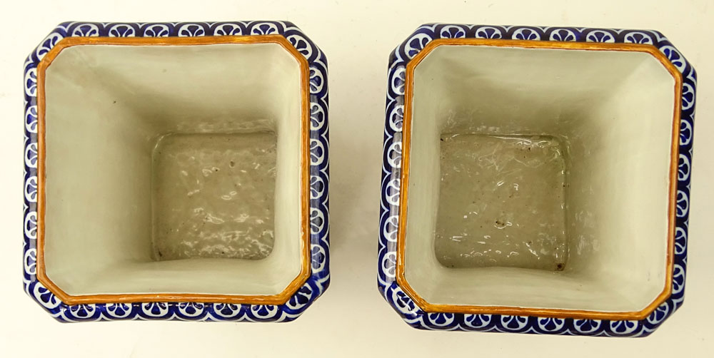 Pair Vintage Ginori Majolica Square Urns.