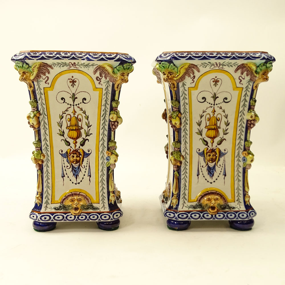 Pair Vintage Ginori Majolica Square Urns.