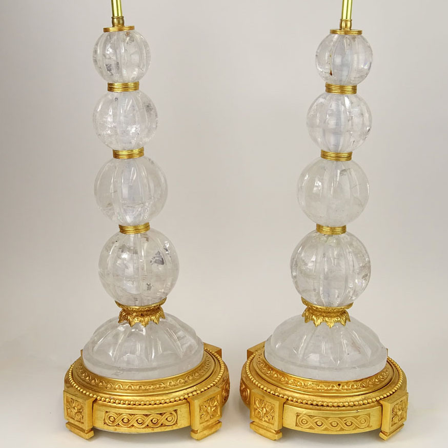 Large Pair of Rock Crystal & Dore Bronze Lamps.