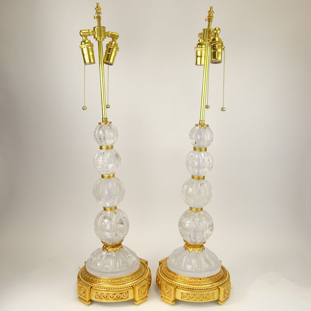 Large Pair of Rock Crystal & Dore Bronze Lamps.