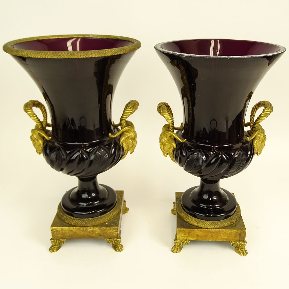 Pair of Neoclassical Russian Imperial Glass Gilt Bronze Mounted Amethyst Glass Vases.