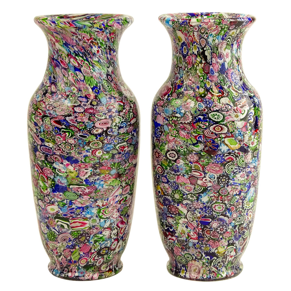 Pair of Extremely Rare Antique Clichy Scramble Millefiori Vases.