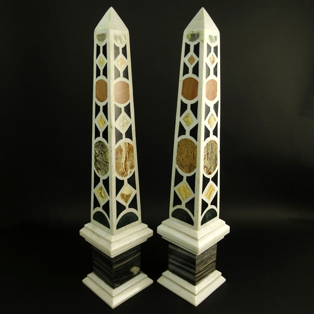 Pair 20th Century Italian Pietra Dura Marble Obelisks.