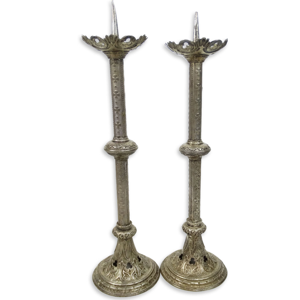 Pair of 19th Century French Gothic style Silvered Metal Pricket Sticks.
