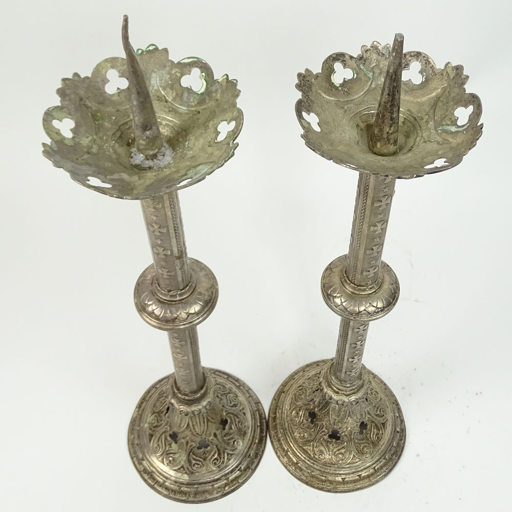Pair of 19th Century French Gothic style Silvered Metal Pricket Sticks.
