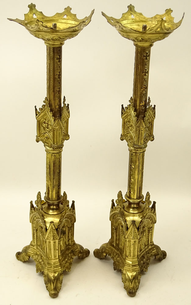 Large Pair of 19th Century French Gothic style Brass Church Candlesticks.