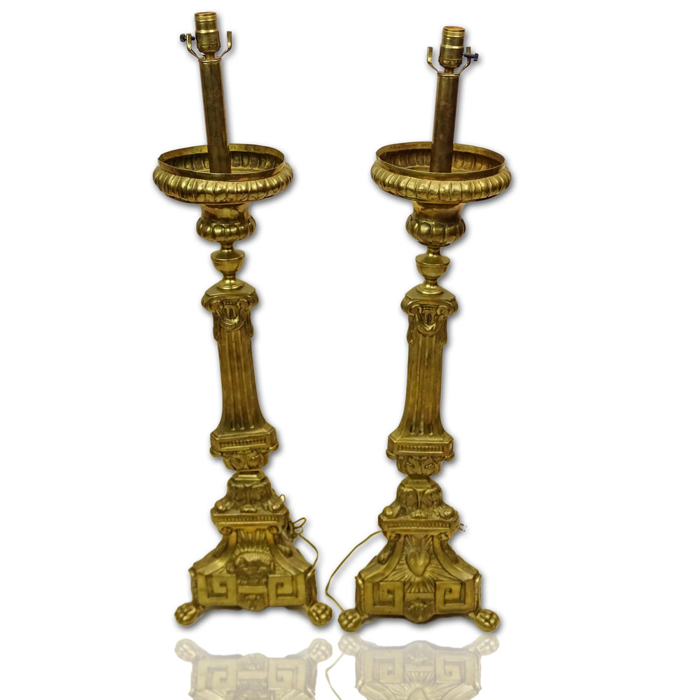 Large Pair of 19th Century Italian Brass Church Candlesticks now electrified.